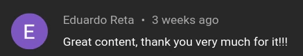 YouTube comment saying thank you for the videos.