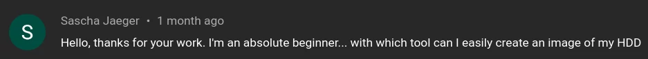 YouTube comment saying thanks for the video and asking about hard disk drives.